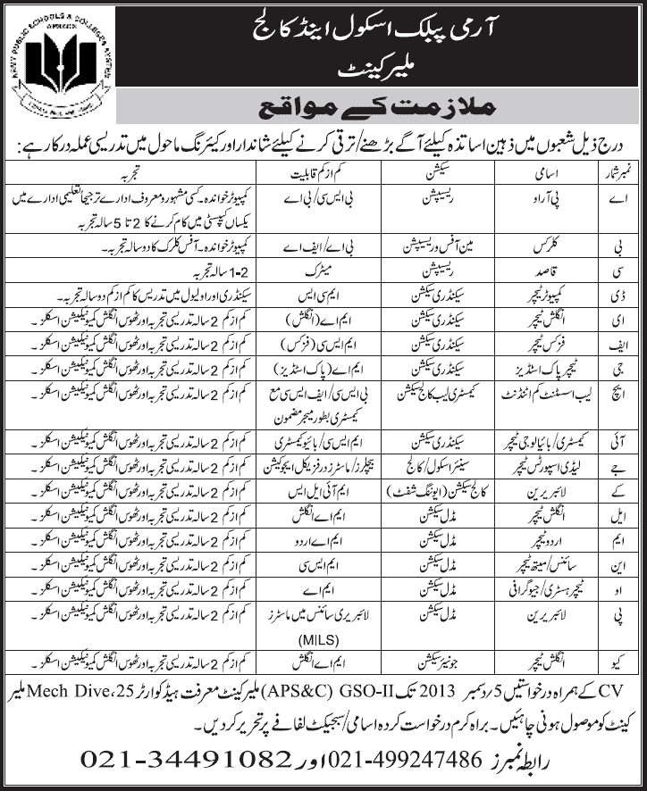 Army Public School & College Malir Cantt Karachi Jobs 2013 December Teaching & Administrative Positions