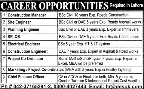 Jobs in Lahore 2013 December for Civil Engineers, Electrical Engineer, Marketing / Project Coordinator & Finance Officer