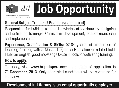General Subject Trainer Jobs in Islamabad 2013 December Developments in Literacy (DIL)