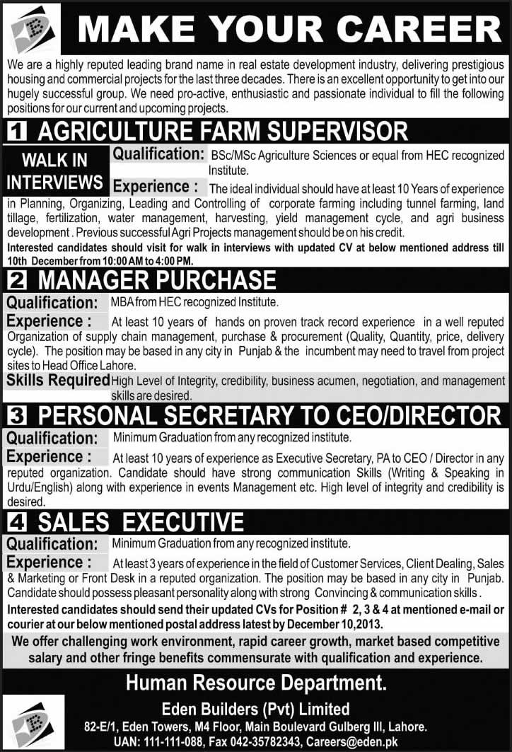 Eden Builders Pakistan Jobs 2013 December Farm Supervisor, Manager Purchase, Personal Secretary & Sales Executive