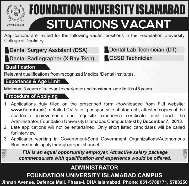 FUI - Foundation University Islamabad Jobs 2013 December Foundation University College of Dentistry