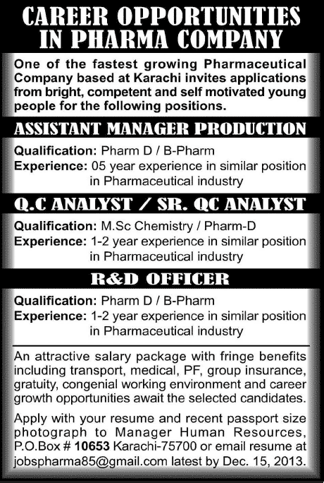 Chemist & Pharmacist Jobs in Karachi 2013 December Pharmaceutical Company