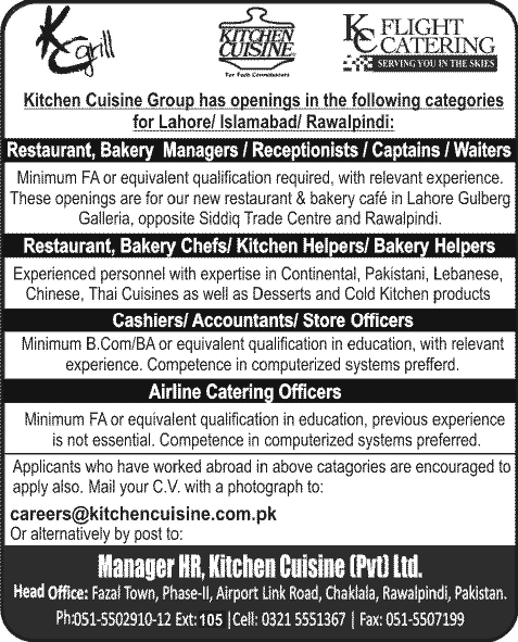 Kitchen Cuisine Rawalpindi / Lahore / Islamabad Jobs 2013 December