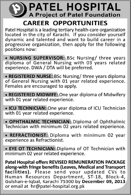 Paramedics, Midwife & Nurse Jobs in Patel Hospital Karachi 2013 December