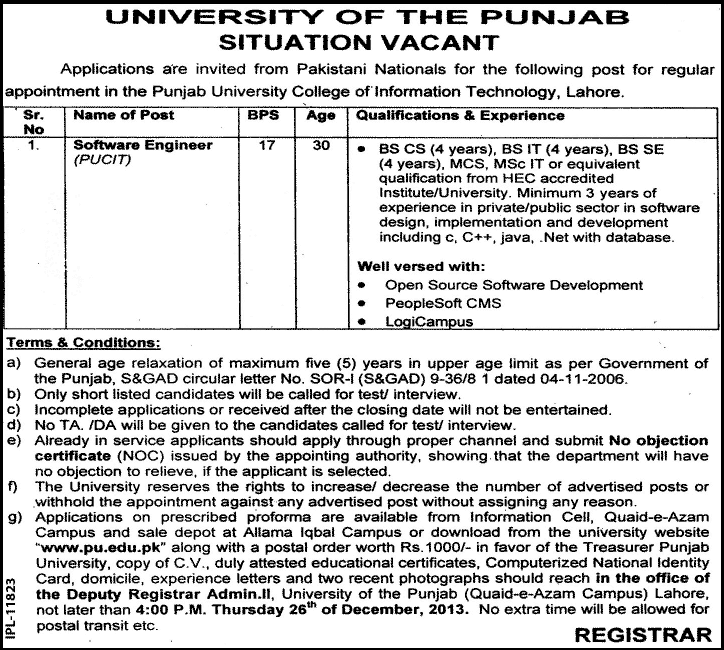 Software Engineer Jobs in Punjab University Lahore 2013 December Punjab University College of Information Technology (PUCIT)