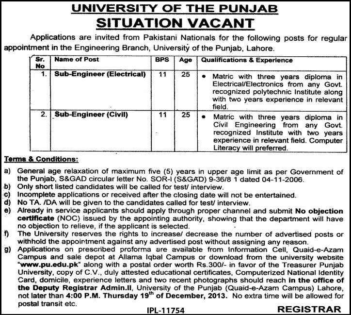 Electrical Engineer & Civil Engineer Jobs in Punjab University Lahore 2013 December