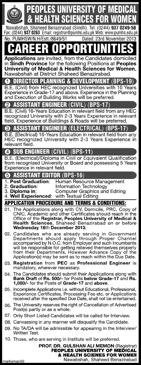 Peoples University of Medical & Health Sciences for Women Nawabshah Jobs 2013 December