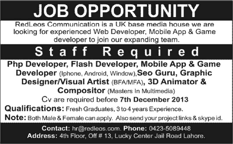 PHP Developer, Flash Developer, Mobile App & Game Developer, SEO & Other Jobs in Lahore 2013 December at Redleos Communication