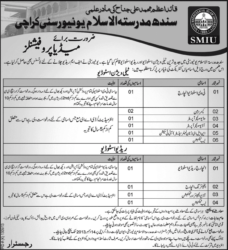 Sindh Madressatul Islam University (SMIU) Karachi Jobs 2013 December for Television / Radio Studio