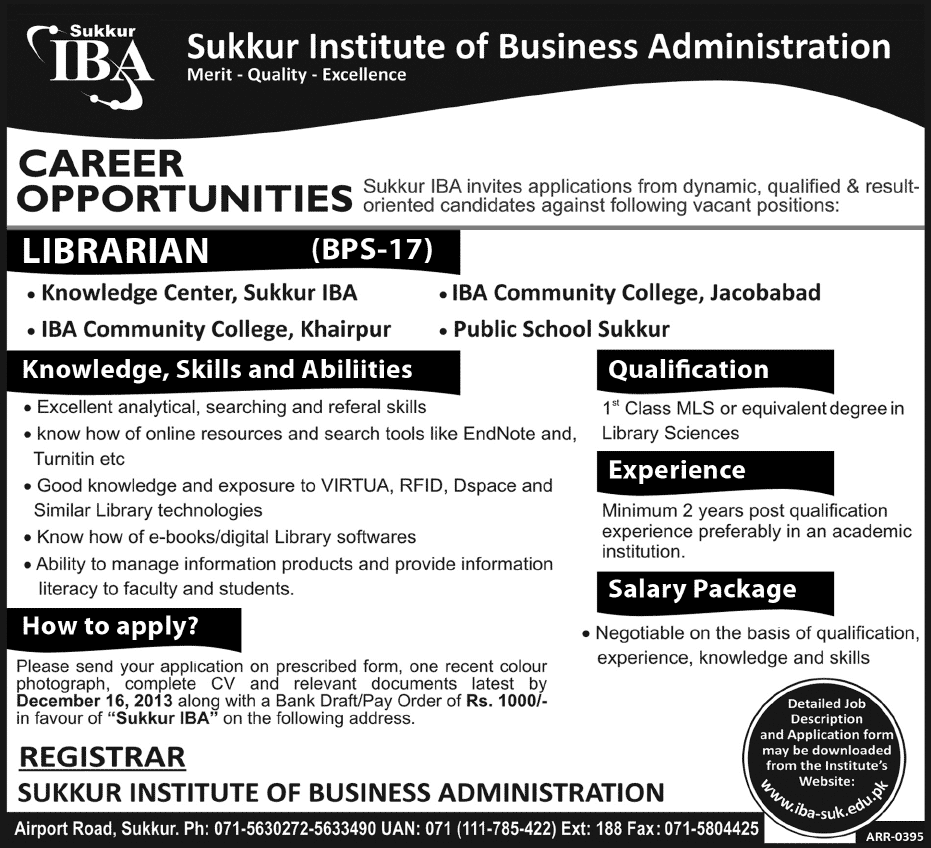 Sukkur IBA Jobs 2013 December for Librarians (BPS-17)