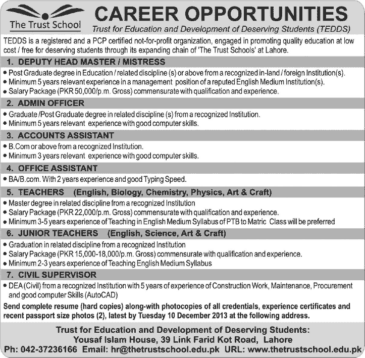 The Trust School Lahore Jobs 2013 December for Teaching Faculty, Accountant, Admin Officer / Assistant & Civil Engineer
