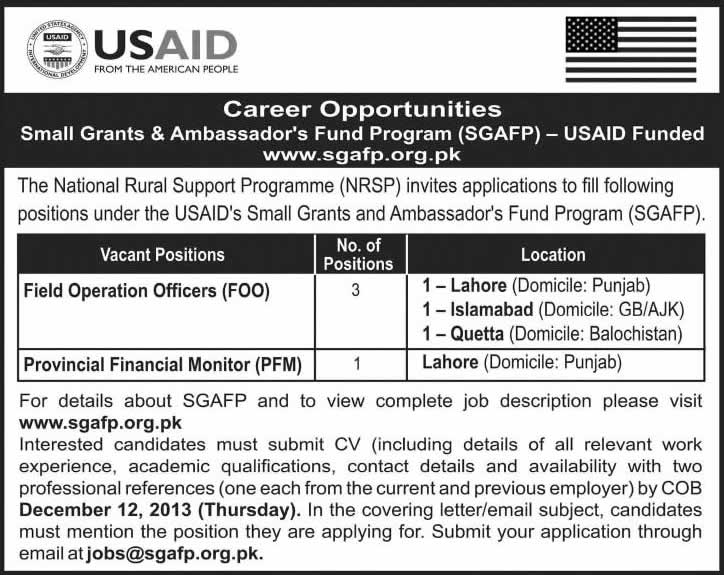 USAID - Small Grants & Ambassador's Fund Program (SGAFP) Jobs 2013 December for Field Operation Officers & Financial Monitor