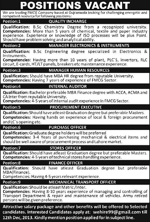 Jobs in Gujranwala 2013 December for FMCG Company in Quality Control, Engineering, HR, Accounts & Procurement
