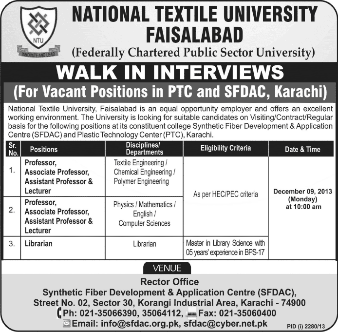 National Textile University Faisalabad Jobs in Karachi 2013 December Teaching Faculty & Librarian