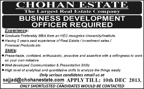 Business Development Officer Jobs in Lahore 2013 December Chohan Estate - Real Estate Company