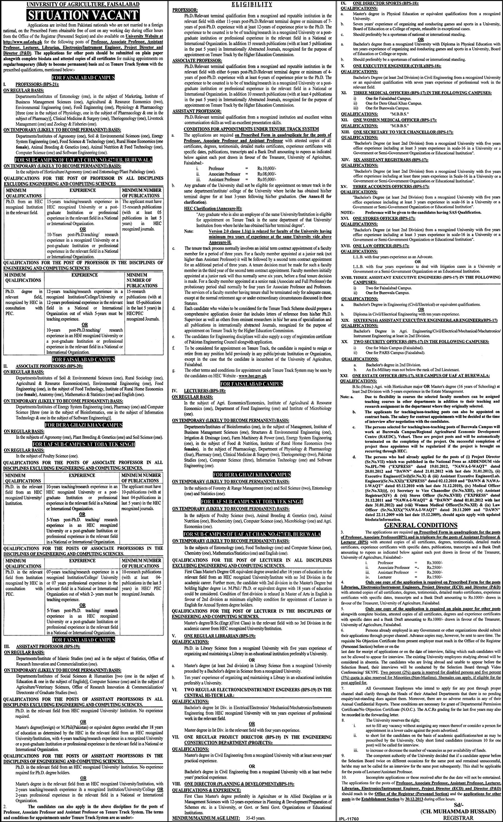 University of Agriculture Faisalabad Jobs 2013 December Latest Advertisement in Jang
