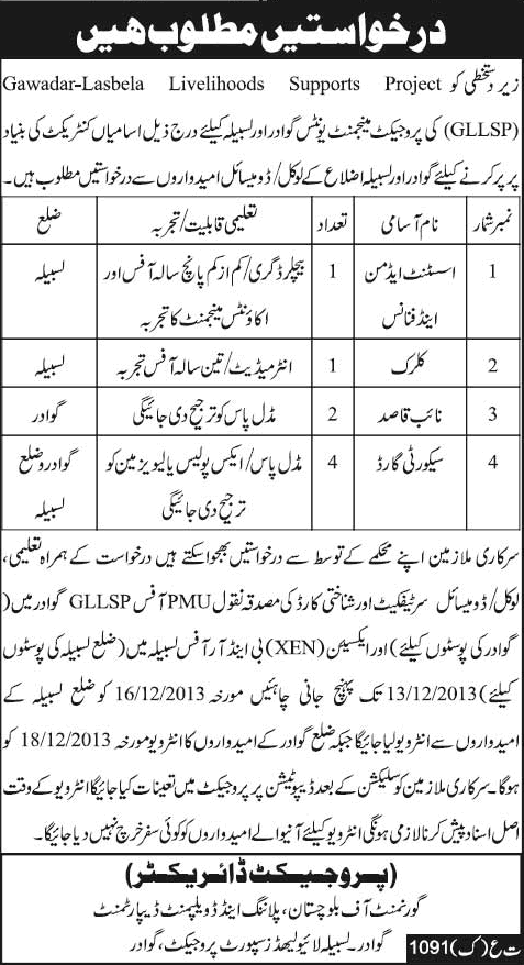 Admin & Finance Assistant, Clerk, Office Boy & Security Guard Jobs in Balochistan 2013 GLLSP