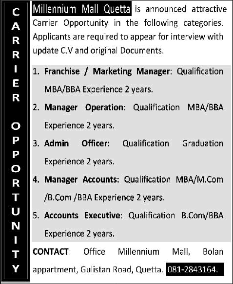 Jobs in Quetta 2013 December Franchise / Marketing Manager, Operations / Accounts Manager, Admin Officer & Accounts Executive