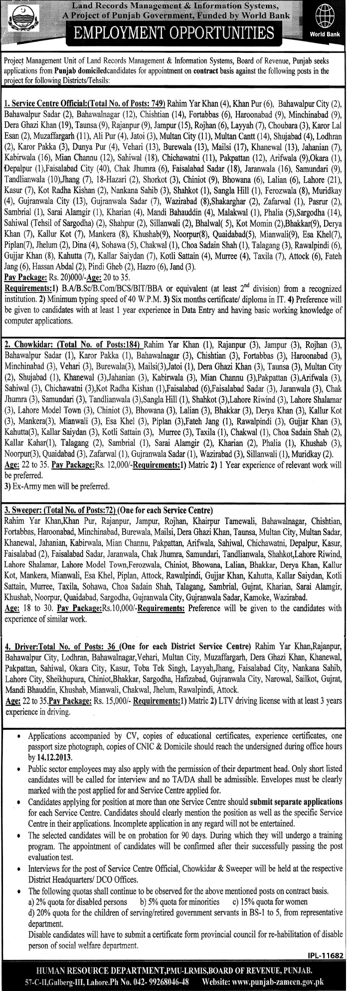 Land Record Management & Information System (LRMIS) Jobs 2013 December Data Entry Operators, Chowkidars, Sweepers & Drivers