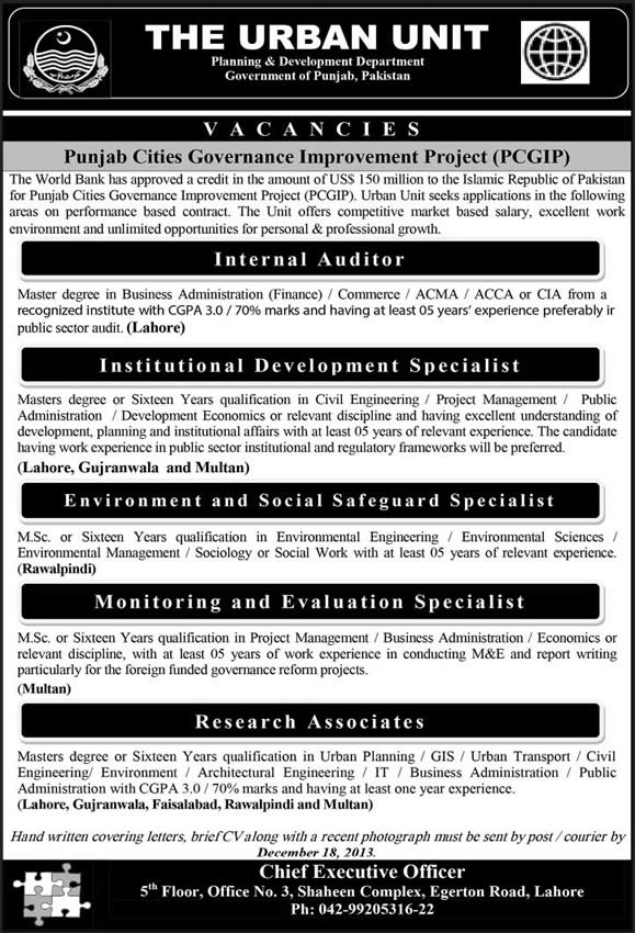 The Urban Unit Jobs December 2013 Punjab Cities Governance Improvement Project (PCGIP)