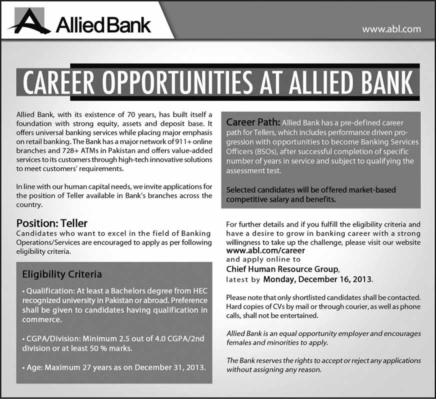 Allied Bank Jobs December 2013 for Teller Latest Advertisement