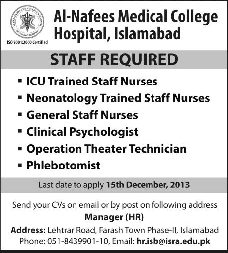 Al-Nafees Medical College Hospital Islamabad Jobs 2013 December Nurses, Clinical Psychologist, OT Technician & Phlebotomist