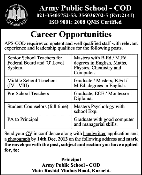 Army Public School COD Karachi Jobs 2013 December for Teaching Faculty & Administrative Staff