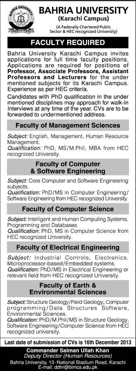 Bahria University Karachi Jobs 2013 December for Professors, Associate Professors, Assistant Professors & Lecturers