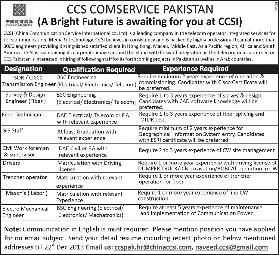 China Communication Service International (CCSI) Jobs 2013 December CCS Comservice Pakistan