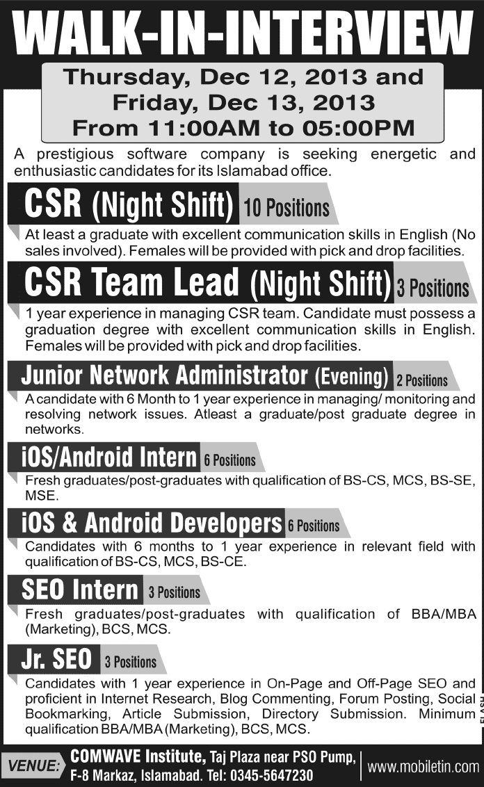 CSR, Network Administrators, SEO & iOS / Android Developers Jobs 2013 December at mobiletin.com