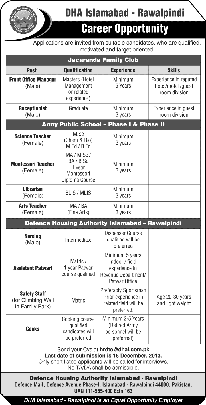 DHA Jobs 2013 December Islamabad / Rawalpindi for Jacaranda Club, Army Public School & Defence Housing Authority