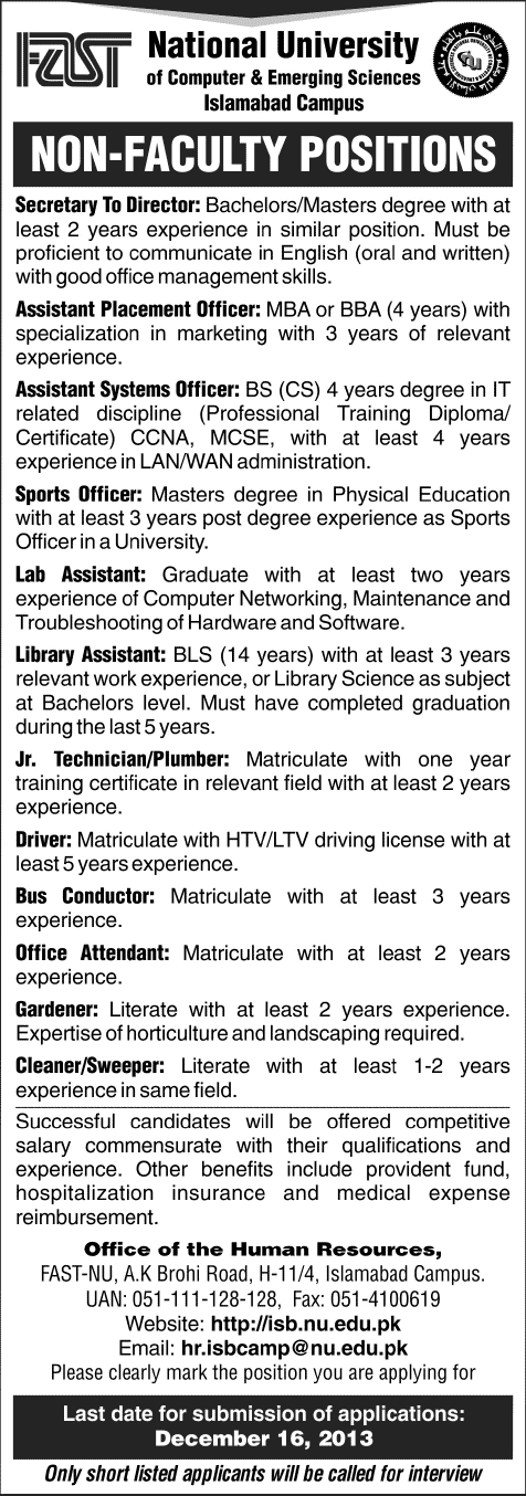 FAST NU Islamabad Jobs 2013 December National University Islamabad Campus