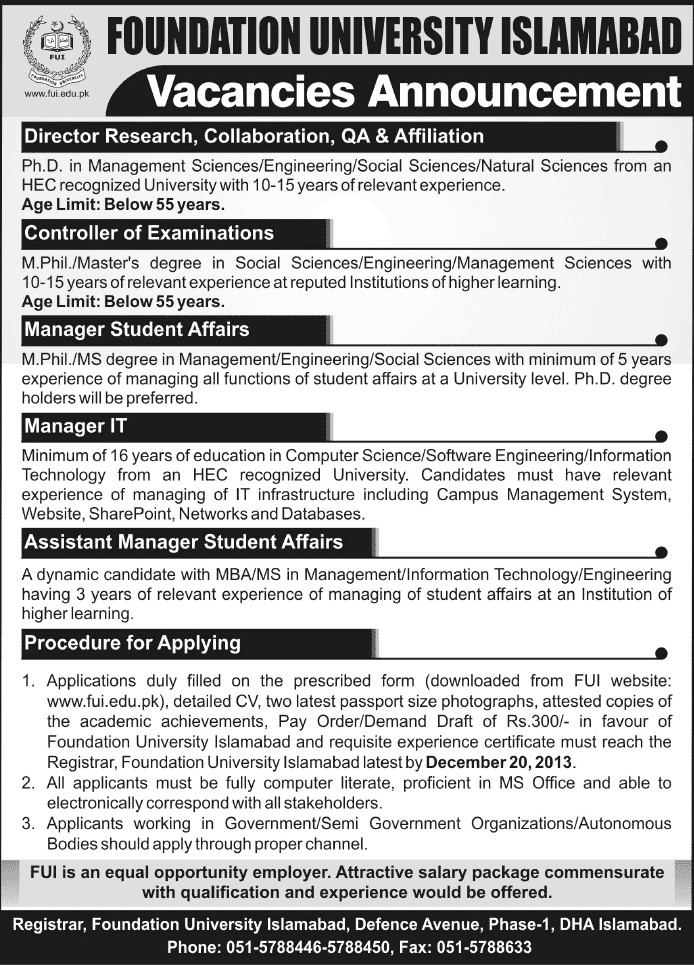 Foundation University Islamabad Jobs 2013 December Latest Advertisement