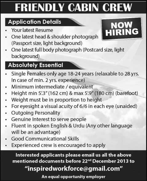 Air Hostess Jobs in Pakistan December 2013 Latest Advertisement