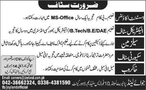 Security Staff, Khakroob, Salesman,  Accounts Assistant, Electrical Engineers Jobs in Lahore 2013 December at Joy Land (Pvt.) Ltd