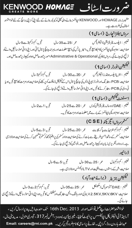 R & I Electrical Appliances (Pvt.) Ltd Karachi Jobs 2013 December for Diploma Holders, Technicians, Customer Service Executive & Driver