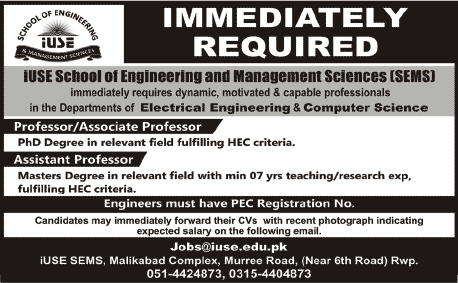 Associate / Assistant / Professor Jobs in Rawalpindi 2013 December at IUSE School of Engineering & Management Sciences (SEMS)