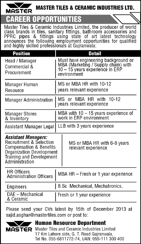 Master Tiles & Ceramic Industries Ltd Gujranwala Jobs 2013 December Latest Advertisement