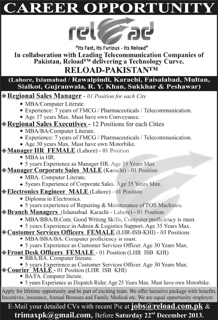 Reload Pakistan Jobs 2013 December Latest Advertisement