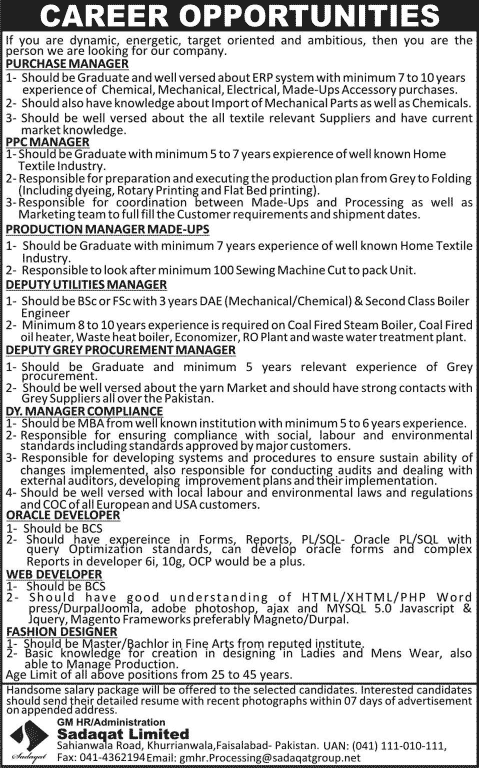 Sadaqat Limited Faisalabad Jobs 2013 December Latest for Managers, Oracle / Web Developers & Fashion Designer
