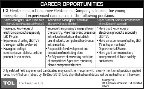 TCL Electronics Pakistan Jobs 2013 December for Sales and Marketing Managers / Executives