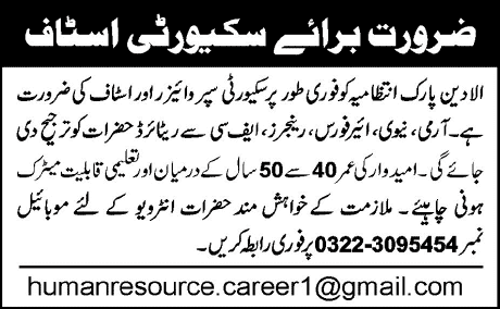 Aladin Park Karachi Jobs 2013 December for Security Supervisor & Staff