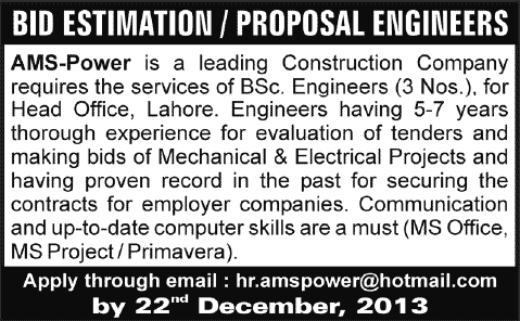 Bid Estimation / Proposal Engineers Jobs in Lahore 2013 December AMS-Power
