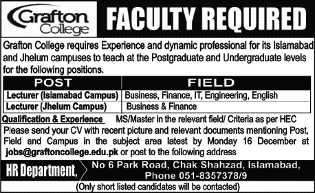 Lecturer Jobs in Grafton College Islamabad / Jhelum 2013 December