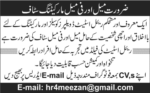 Sales and Marketing Staff Jobs in Lahore 2013 December for Real Estate Developers