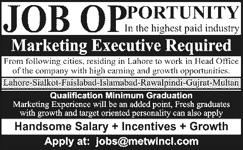 Marketing Executive Jobs in Pakistan 2013 December at Metwin Consultants (Pvt.) Ltd