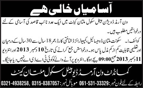 Naib Qasid Jobs in Multan 2013 December at One Armed Division Battle School Multan Cantt