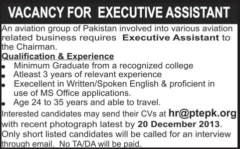 Executive Assistant Jobs in Karachi 2013 December for an Aviation Group of Pakistan