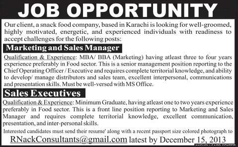 Marketing & Sales Manager and Sales Executives Jobs in Karachi 2013 December for a Snack Food Company