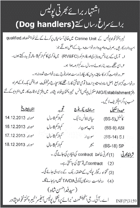 KPK Police Jobs December 2013 for Ex/Retired Army RV&FC as Constable, Assistant / Sub Inspector & Superintendent Police